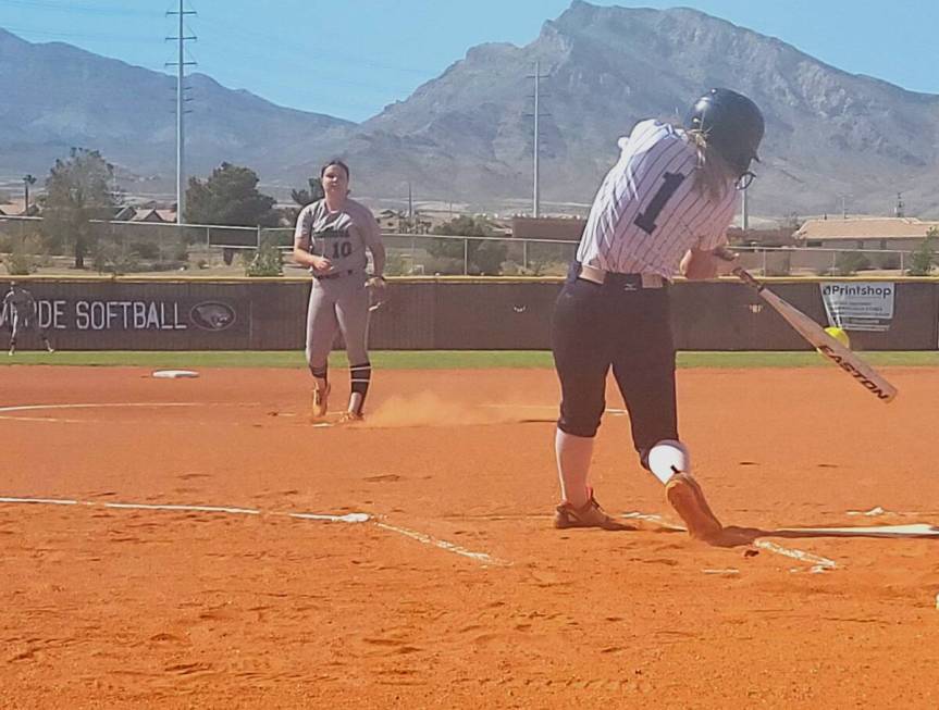 Shadow Ridge's Stevie Robison lines a single off Palo Verde pitcher Cameron Lauretta in the fir ...