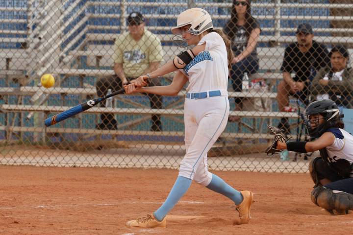 Centennial's Teagan Clemmons (4) hits a ball during the fourth inning of a softball game agains ...