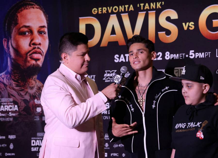 Ryan Garcia, center, talks to Premier Boxing Champions host Ray Flores during his grand arrival ...