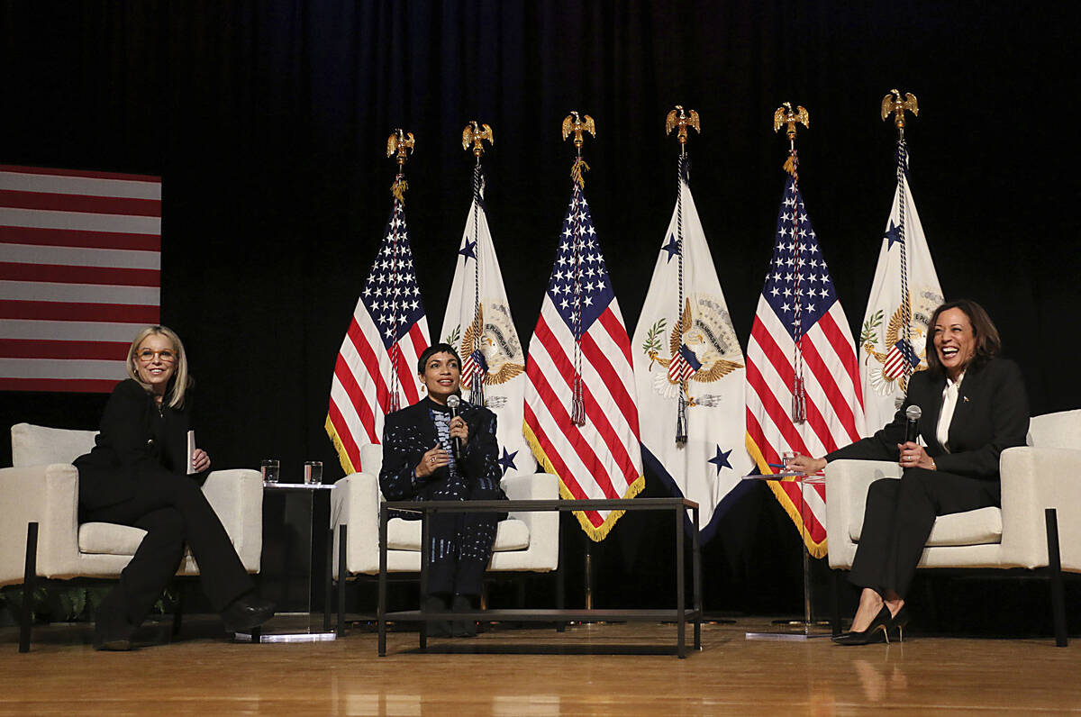 Vice President Kamala Harris, right, activist Rosario Dawson, middle, and Reno Mayor Hilary Sch ...