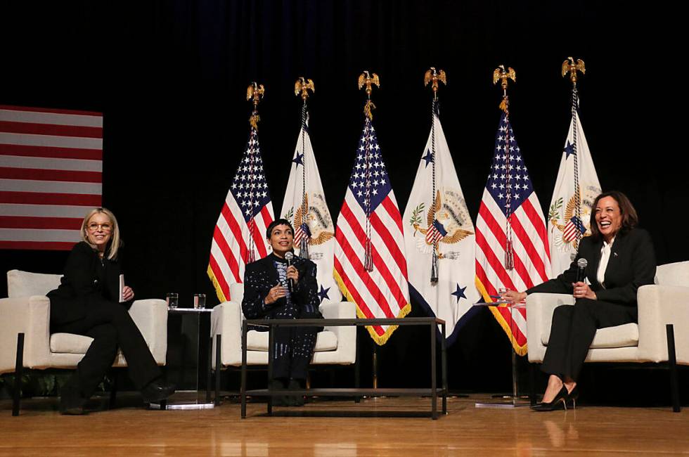 Vice President Kamala Harris, right, activist Rosario Dawson, middle, and Reno Mayor Hilary Sch ...