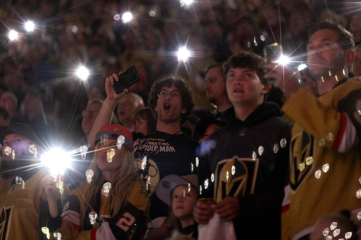 Golden Knights fans cheer as their team takes the ice for Game 2 of an NHL hockey Stanley Cup f ...