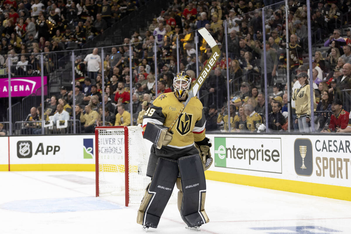 Golden Knights goaltender Laurent Brossoit (39) skates around the net during the second period ...