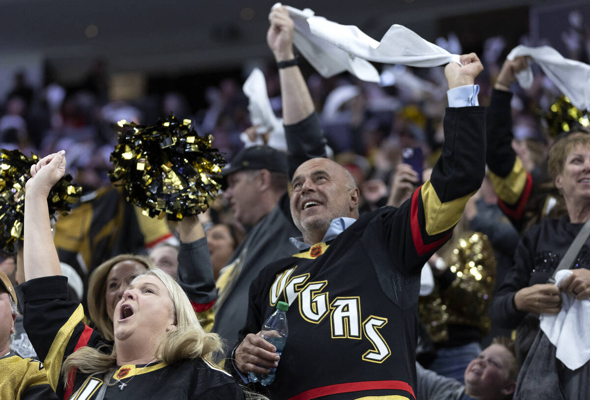 Golden Knights fans celebrate after their team scored during the third period of Game 2 of an N ...