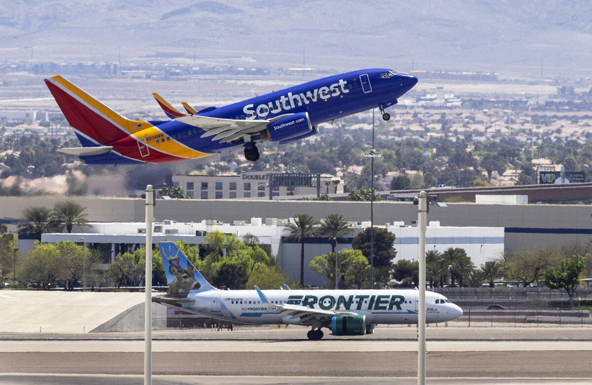 A Southwest Airlines jet takes off from Harry Reid International Airport, on Friday, April 21, ...