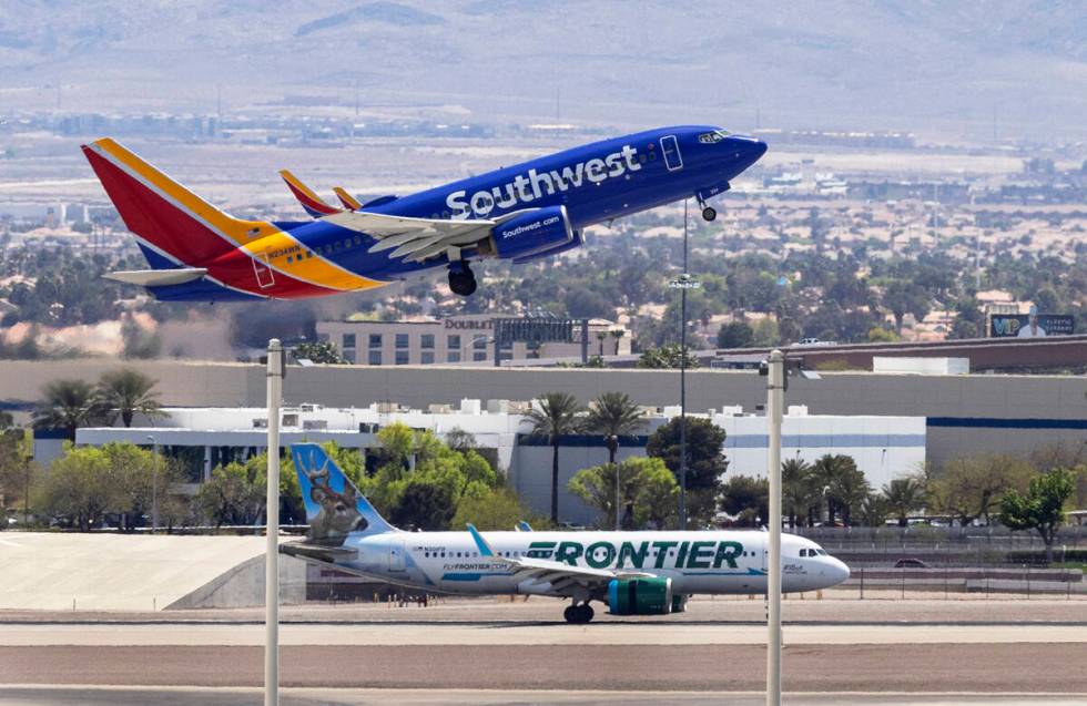 A Southwest Airlines jet takes off from Harry Reid International Airport, on Friday, April 21, ...