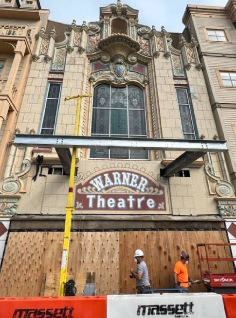 The Warner Theater exterior is shown in Atlantic City on Tuesday, April 18, 2023. (John Katsilo ...