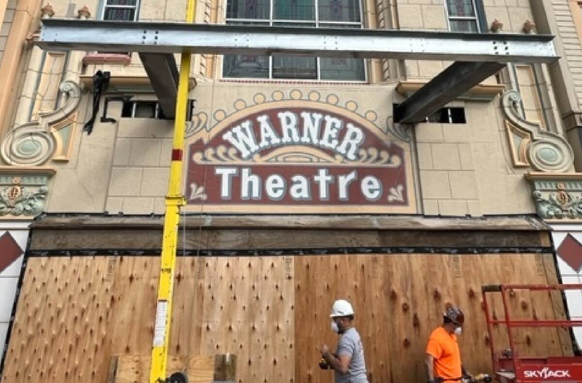 The Warner Theater exterior is shown in Atlantic City on Tuesday, April 18, 2023. (John Katsilo ...