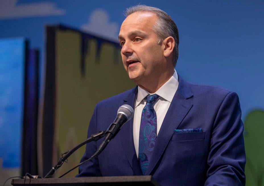 Clark County School District Superintendent Dr. Jesus Jara speaks during a ceremony at Fay Herr ...