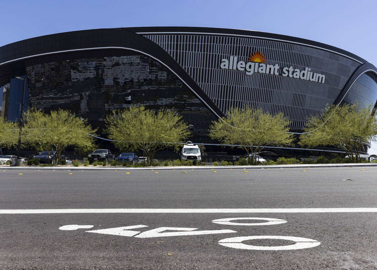 A designated bike travel path is seen outside of Allegiant Stadium after the unveiling ceremony ...