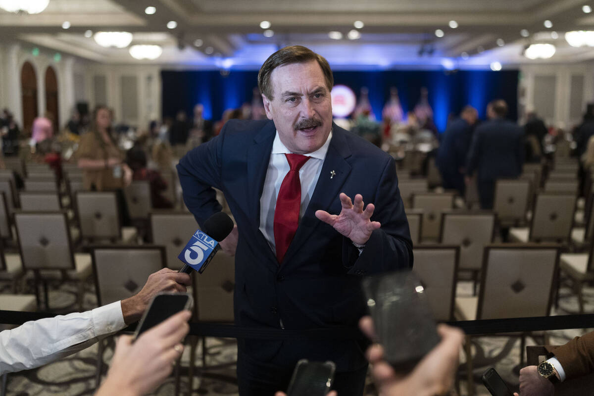 MyPillow chief executive Mike Lindell talks to reporters at the Republican National Committee w ...