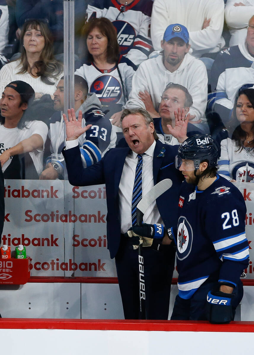 Winnipeg Jets head coach Rick Bowness yells at a referee during the second period of Game 3 of ...