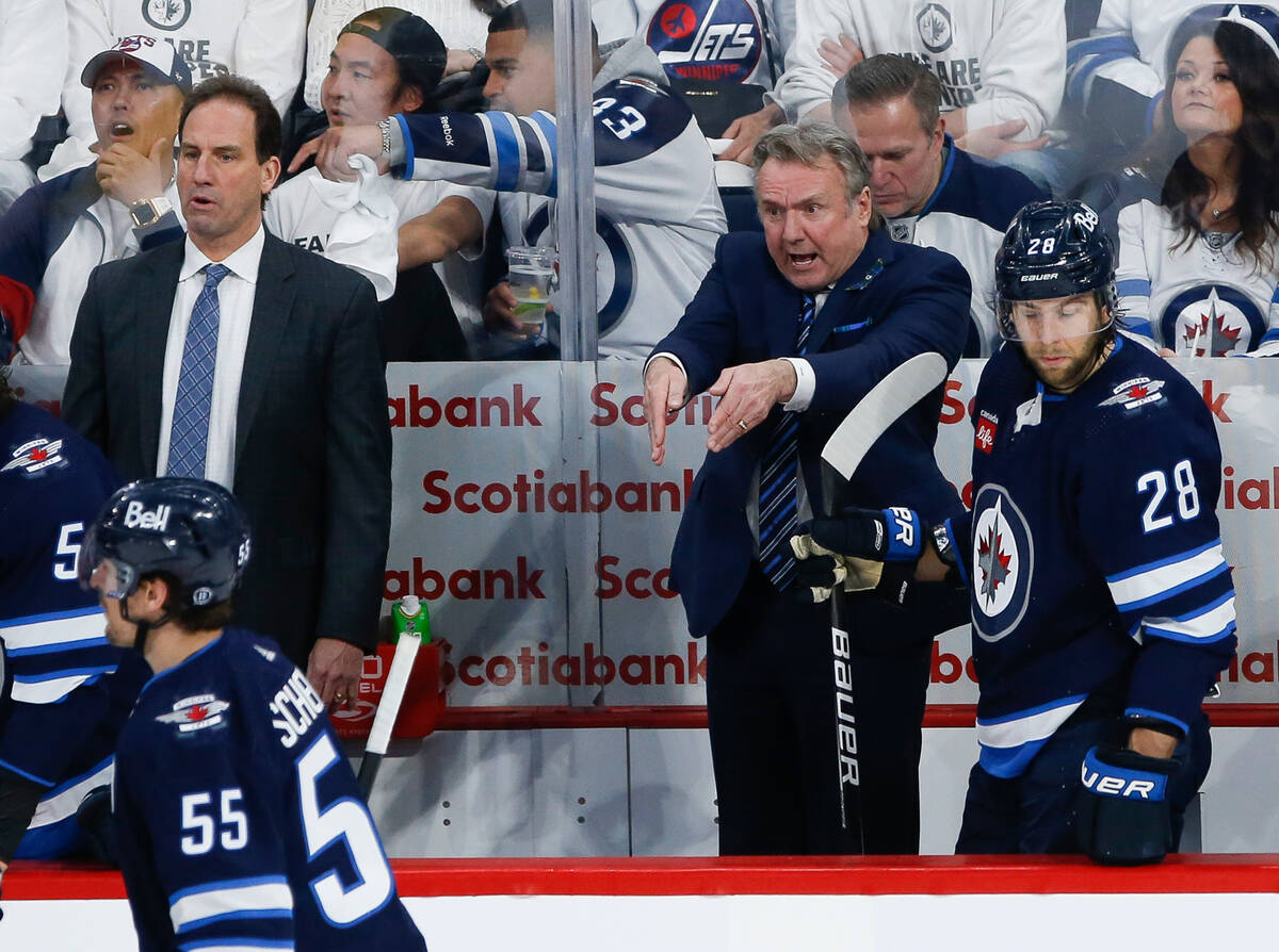 Winnipeg Jets head coach Rick Bowness yells at a referee during the second period of Game 3 of ...