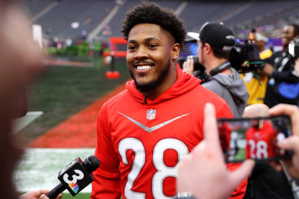 Las Vegas Raiders running back Josh Jacobs (28) is interviewed during a Pro Bowl rehearsal eve ...