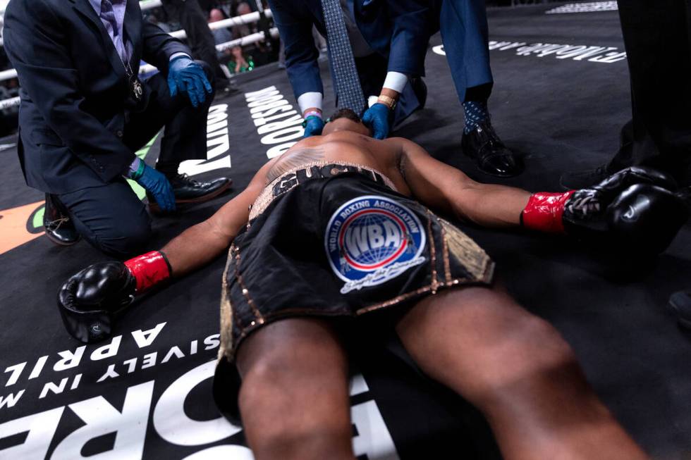 Yamaguchi Falcao is knocked out after fighting David Morrell Jr. in a super middleweight boxing ...