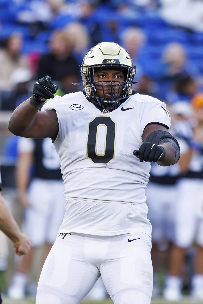 Wake Forest's Kobie Turner (0) celebrates after a play during an NCAA college football game in ...