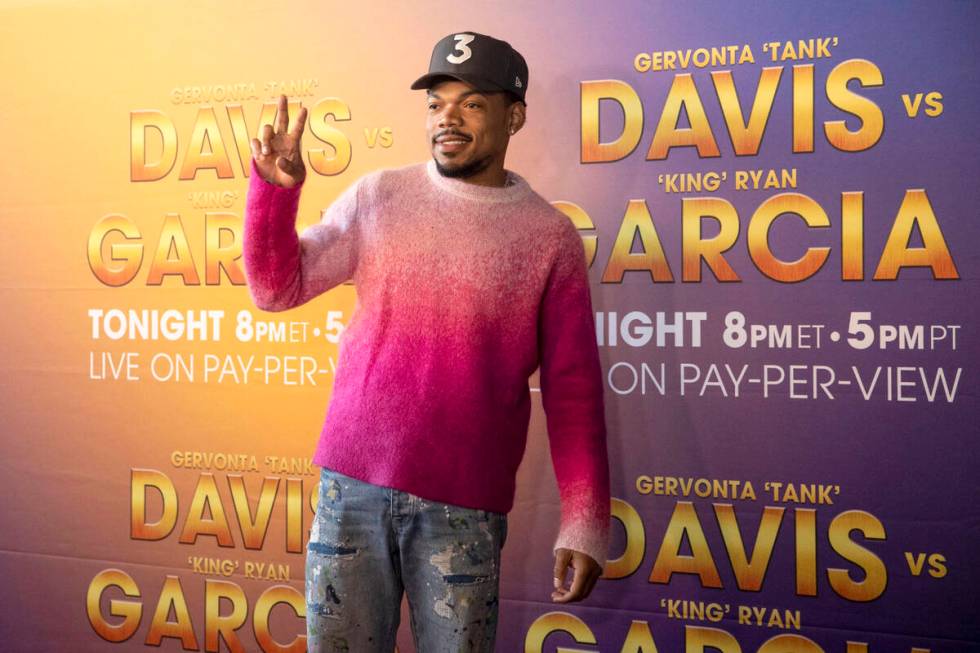 Chance the Rapper poses on the red carpet prior to the Ryan Garcia-Gervonta Davis boxing fight ...