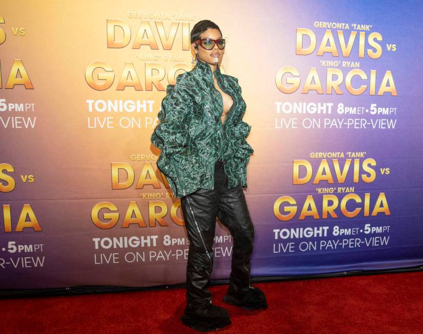 Performer Teyana Taylor poses on the red carpet prior to the Ryan Garcia-Gervonta Davis boxing ...