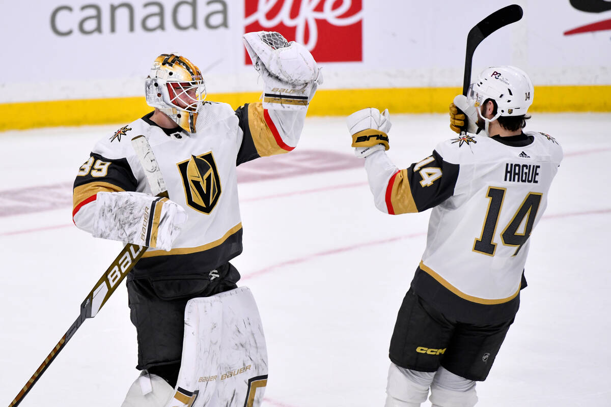 Vegas Golden Knights goaltender Laurent Brossoit (39) celebrates the victory over the Winnipeg ...