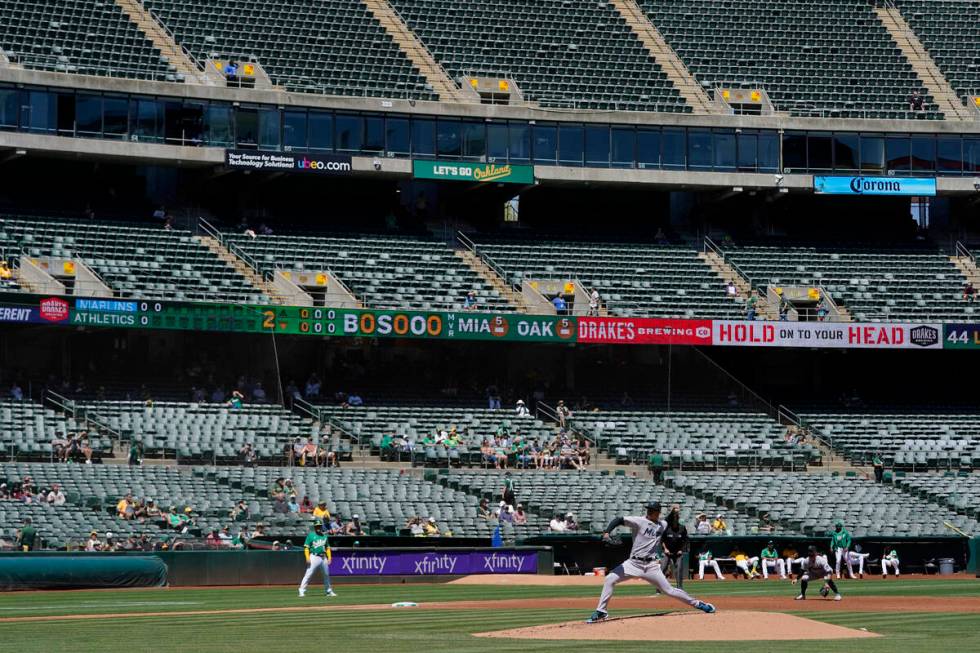 Miami Marlins' Jesus Luzardo during a baseball game against the Oakland Athletics in Oakland, C ...