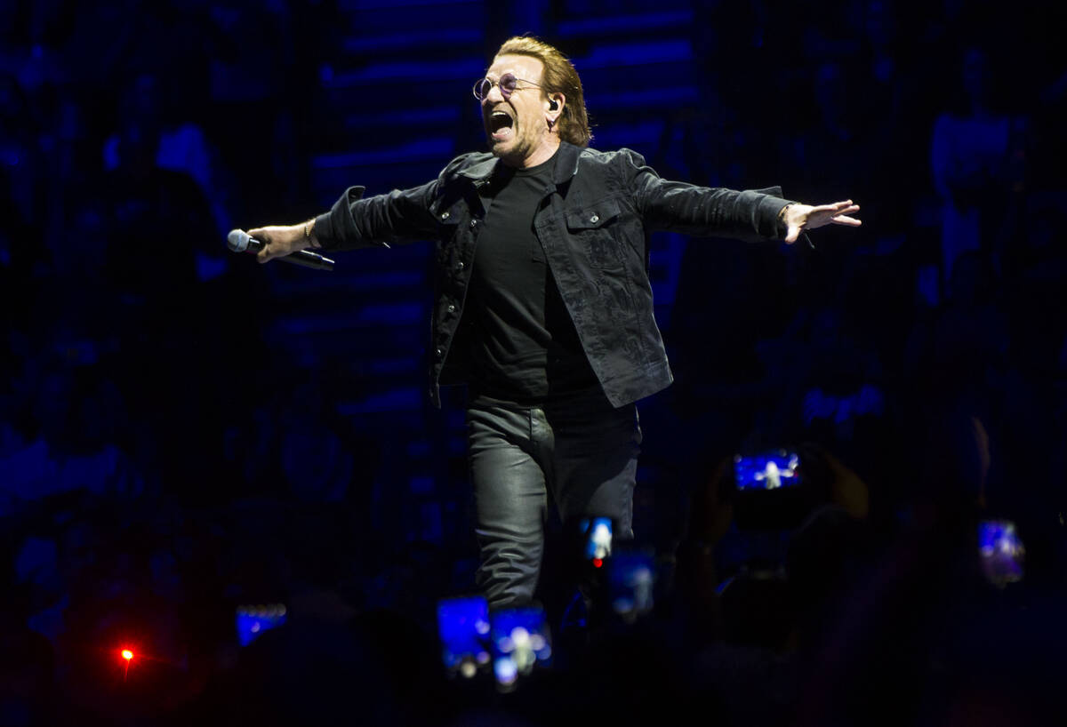 Bono of U2 performs at T-Mobile Arena in Las Vegas on Friday, May 11, 2018. Chase Stevens Las V ...