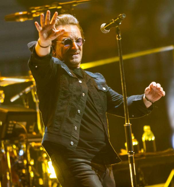 Bono of U2 performs at T-Mobile Arena in Las Vegas on Friday, May 11, 2018. Chase Stevens Las V ...