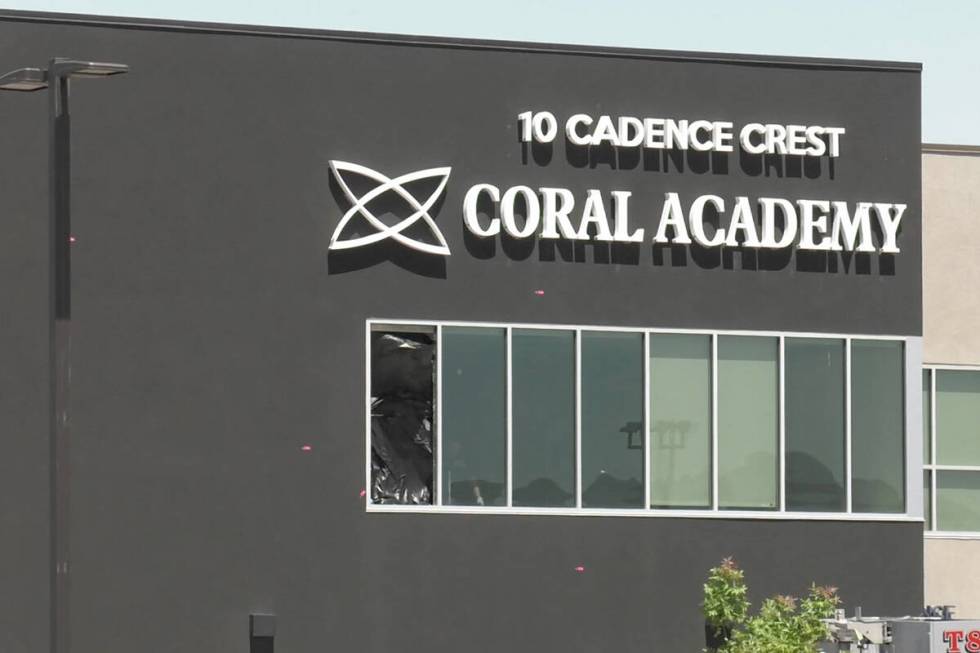 A window that was shot at is seen Tuesday, April 25, 2023, at the Coral Academy Caden ...