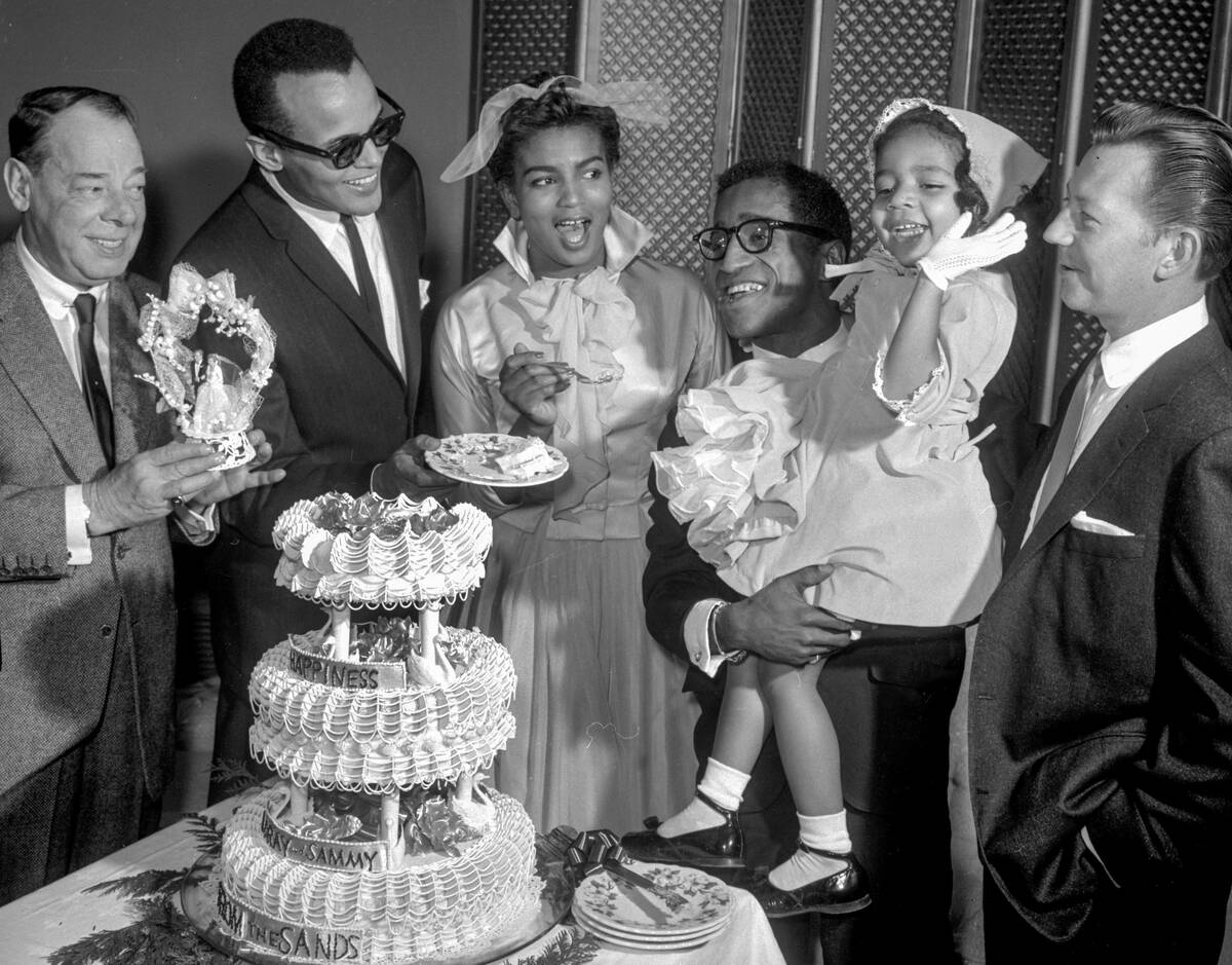 Joe E. Lewis, from left, Harry Belafonte, Loray White, Sammy Davis Jr. and Donald O'Connor pose ...