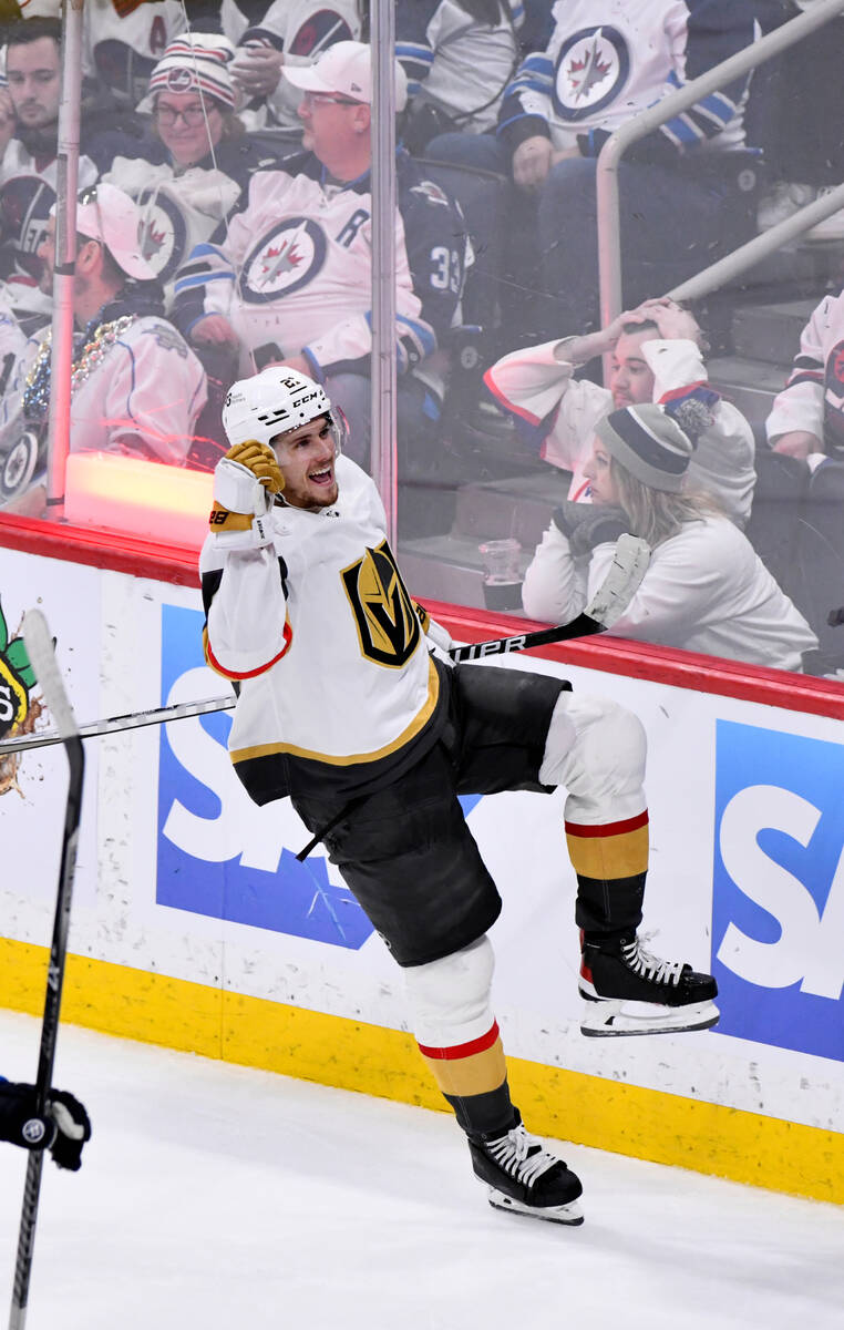 Vegas Golden Knights' Brett Howden (21) celebrates his goal against the Winnipeg Jets during th ...