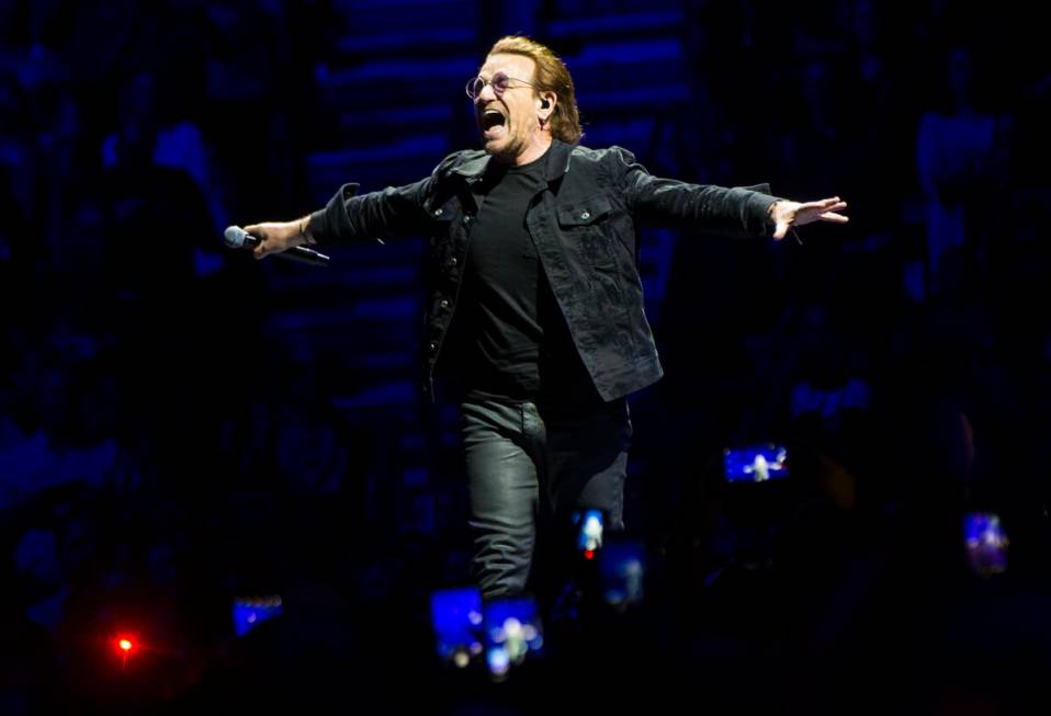 Bono of U2 performs at T-Mobile Arena in Las Vegas on Friday, May 11, 2018. (Chase Stevens/Las ...