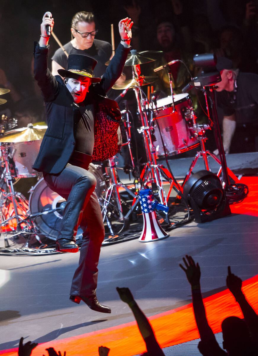 Bono of U2 performs at T-Mobile Arena in Las Vegas on Friday, May 11, 2018. (Chase Stevens/Las ...