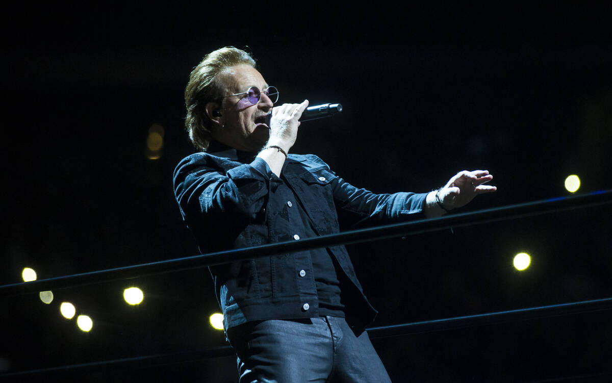 Bono of U2 performs at T-Mobile Arena in Las Vegas on Friday, May 11, 2018. (Chase Stevens/Las ...