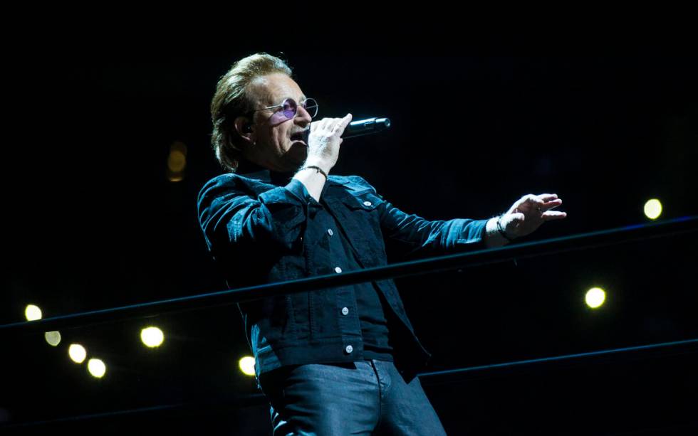 Bono of U2 performs at T-Mobile Arena in Las Vegas on Friday, May 11, 2018. (Chase Stevens/Las ...