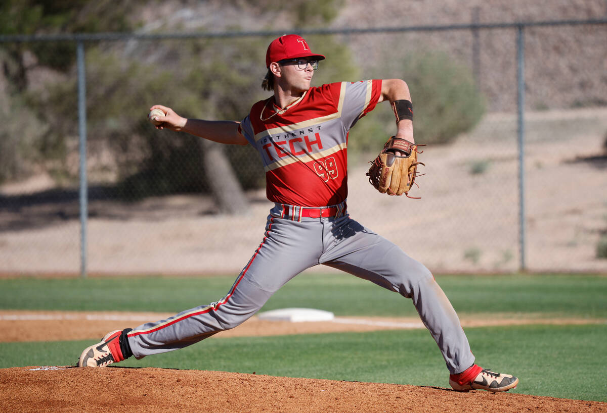 Southeast Career Tech's Brock Barlow (99) delivers against Foothill during the sixth inning of ...