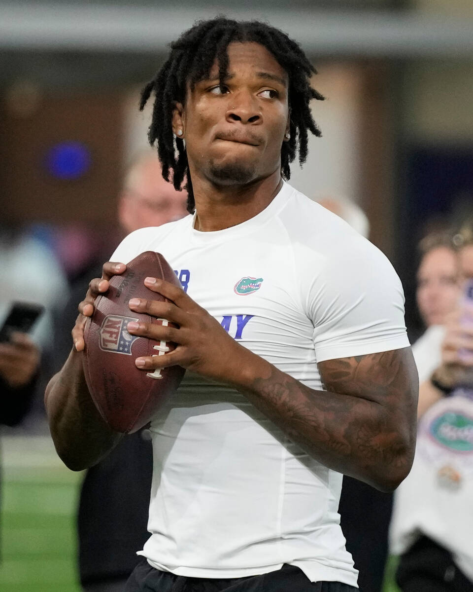 Florida quarterback Anthony Richardson looks to throw a pass during an NFL football Pro Day, Th ...