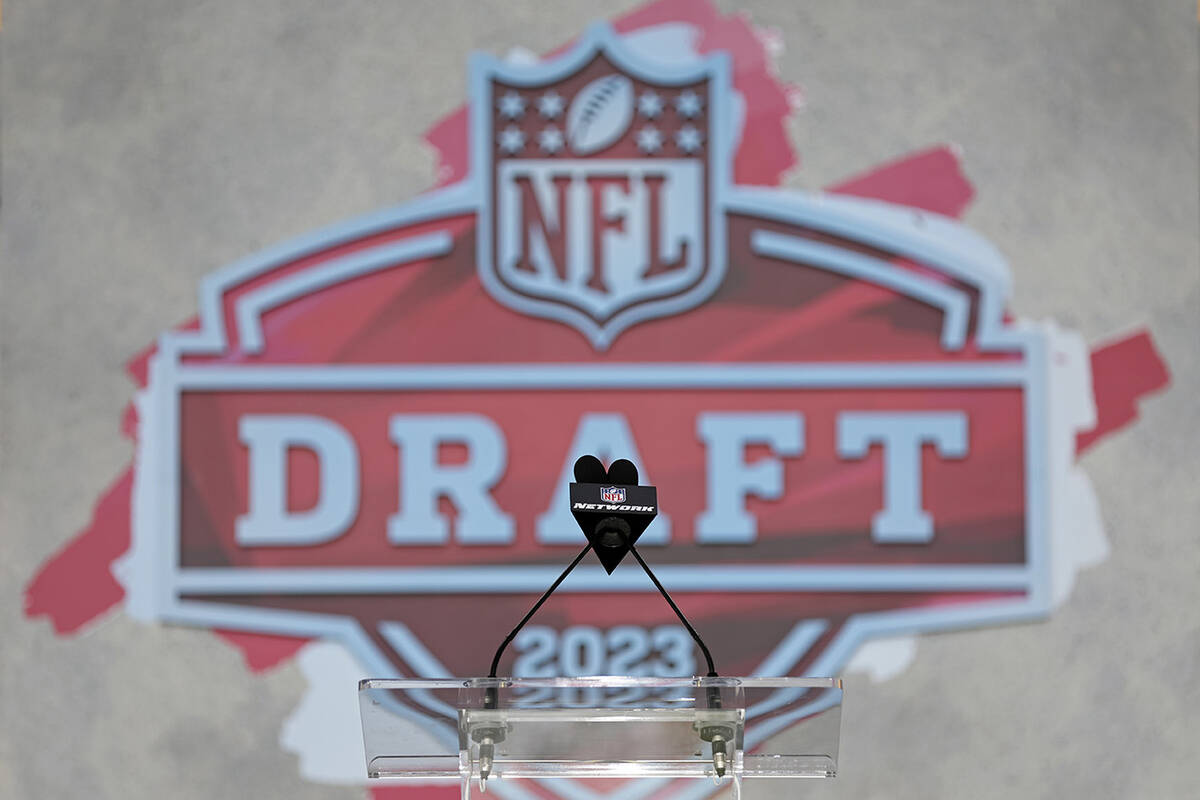 A detail view of the NFL Draft stage on Wednesday, April 26, 2023 in Kansas City, MO. (AP Photo ...