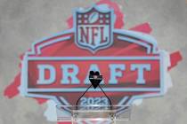 A detail view of the NFL Draft stage on Wednesday, April 26, 2023 in Kansas City, MO. (AP Photo ...
