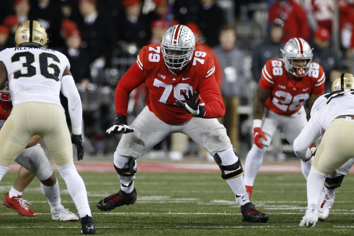 Ohio State offensive lineman Dawand Jones plays against Purdue during an NCAA college football ...