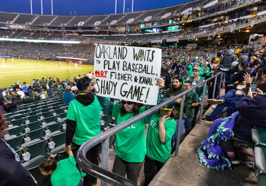 The Oakland A's fans protest at the Oakland Coliseum during a baseball game between the A’s a ...