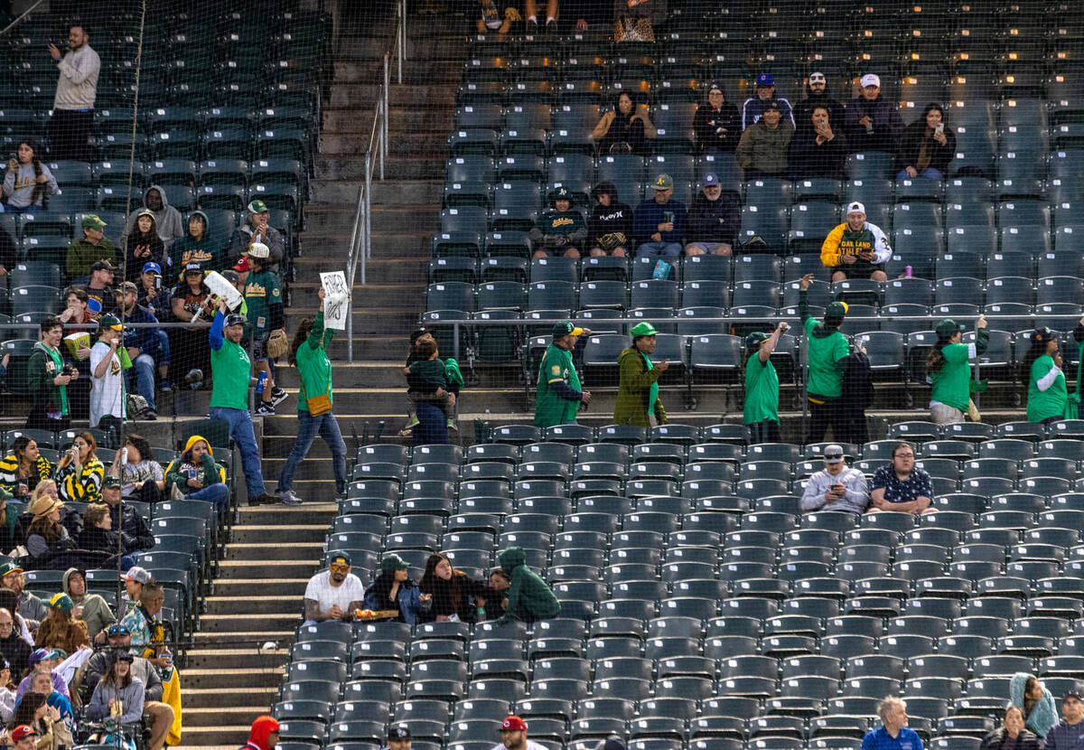 The Oakland A's fans protest at the Oakland Coliseum during a baseball game between the A’s a ...