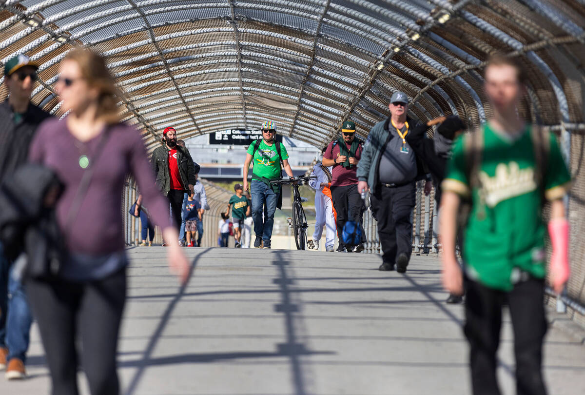 The Oakland A's fans arrive to watch a baseball game between the A’s and the Cincinnati Reds ...