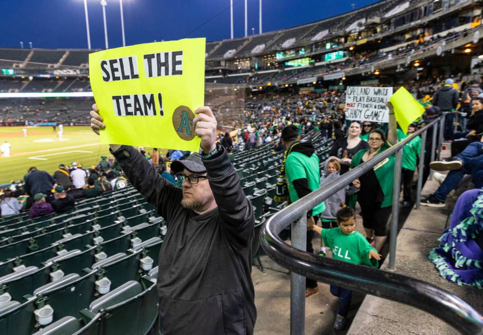 The Oakland A's fans protest at the Oakland Coliseum during a baseball game between the A’s a ...