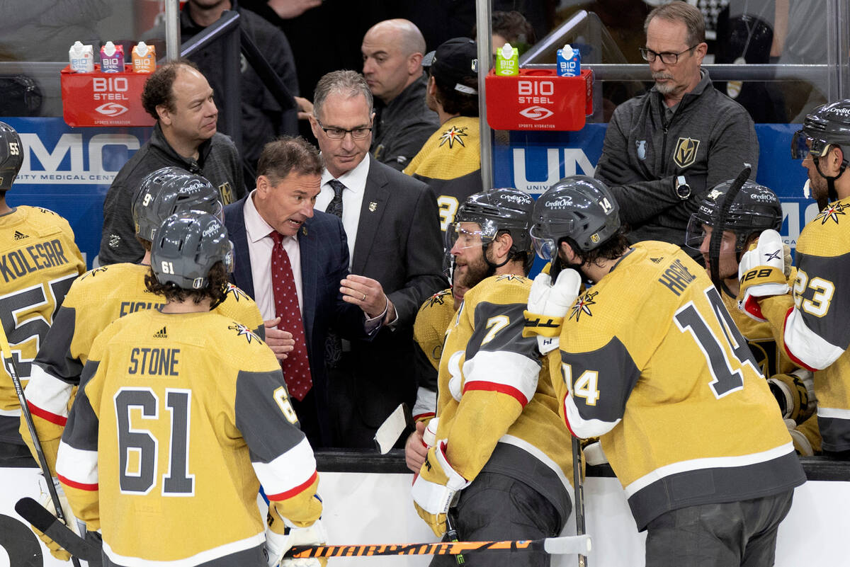 Golden Knights head coach Bruce Cassidy speaks to his team during the third period in Game 5 of ...