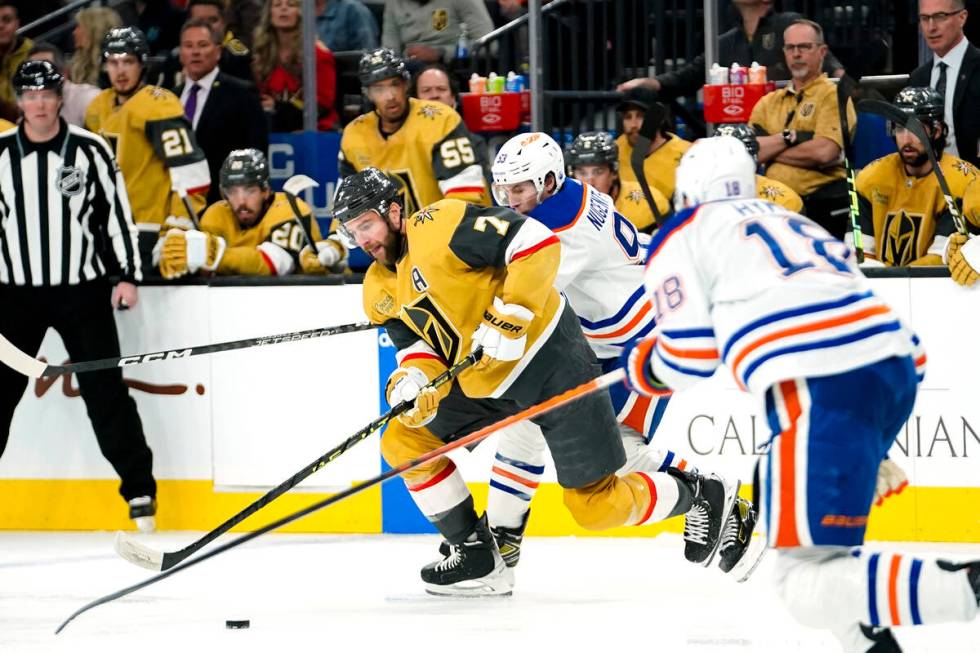 Vegas Golden Knights defenseman Alex Pietrangelo (7) works with the puck against Edmonton Oiler ...