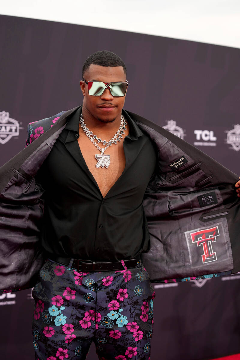 Texas Tech edge rusher Tyree Wilson poses on the NFL draft red carpet, Thursday, April 27, 2023 ...