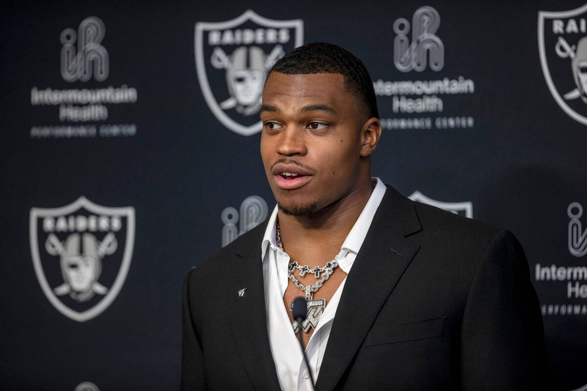 Las Vegas Raiders NFL football draft pick defensive end Tyree Wilson speaks at his introductory ...