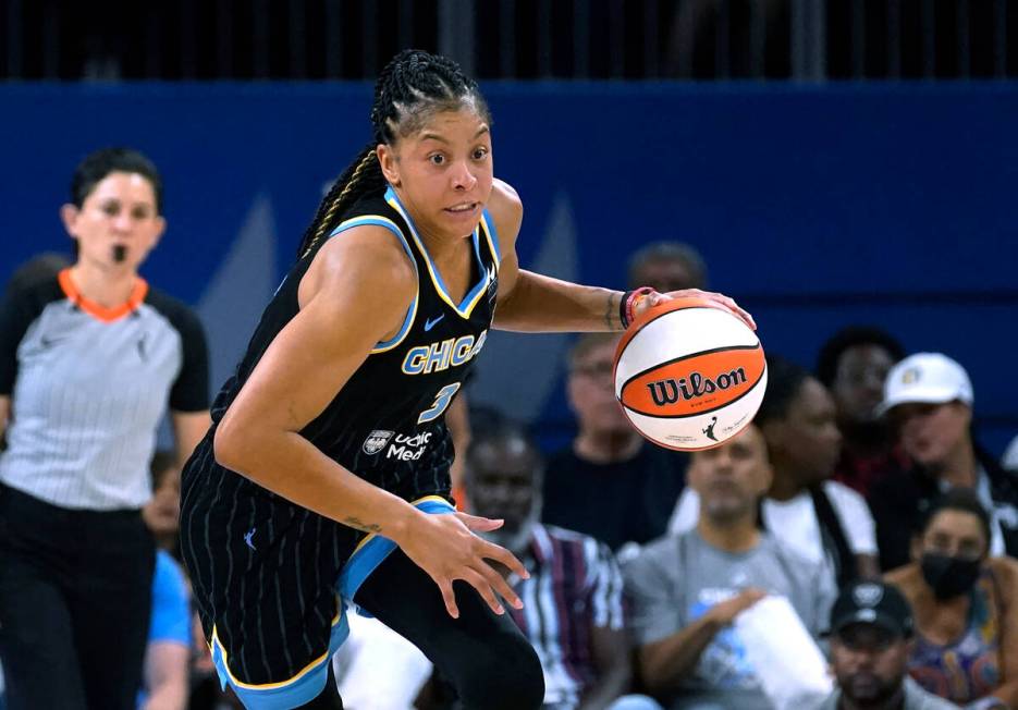 FILE - Chicago Sky's Candace Parker starts a fast break during Game 1 of the team's WNBA basket ...