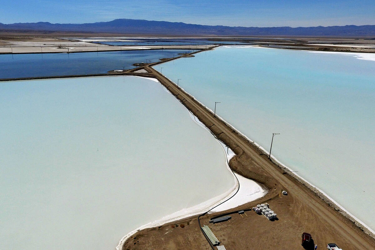 Lithium brine evaporation ponds at Albemarle's lithium mine in Silver Peak, Nev., is shown, on ...