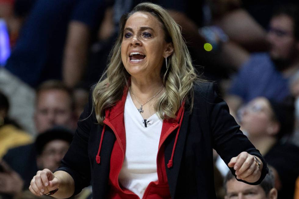 Las Vegas Aces head coach Becky Hammon shouts from the sidelines during the first half in Game ...