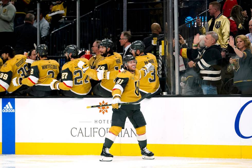 Vegas Golden Knights center Jonathan Marchessault (81) is congratulated for his goal against th ...